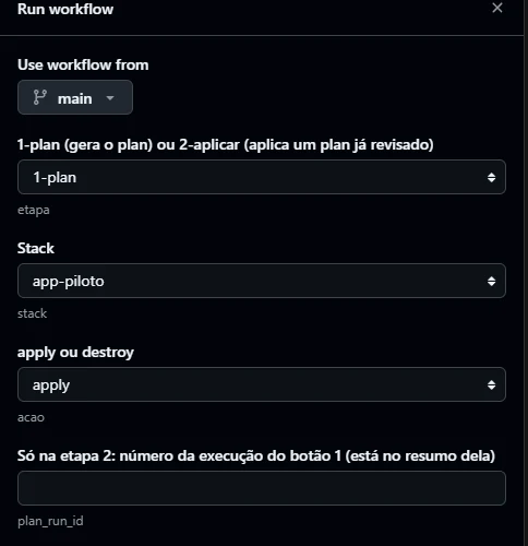 Formulário Run workflow do GitHub Actions com os campos etapa, stack, ação e número da execução do plan